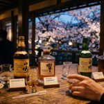 Japanse whisky flessen op een houten tafel met kersenbloesem op de achtergrond