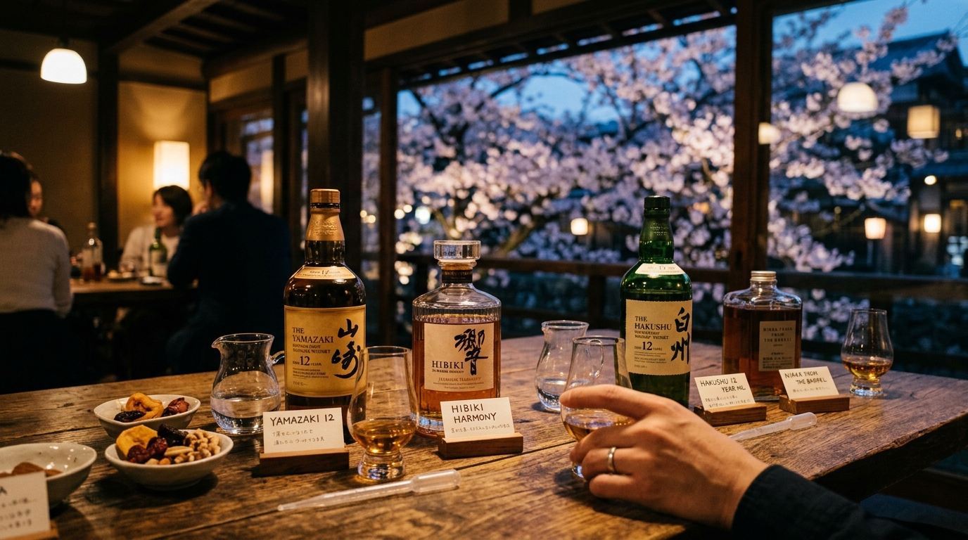 Japanse whisky flessen op een houten tafel met kersenbloesem op de achtergrond