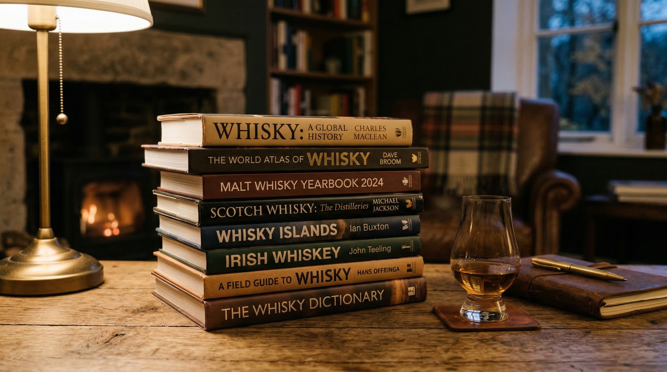 De beste boeken voor whiskyliefhebbers op een houten tafel