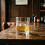 Een glas lichte gouden whisky op een houten bar