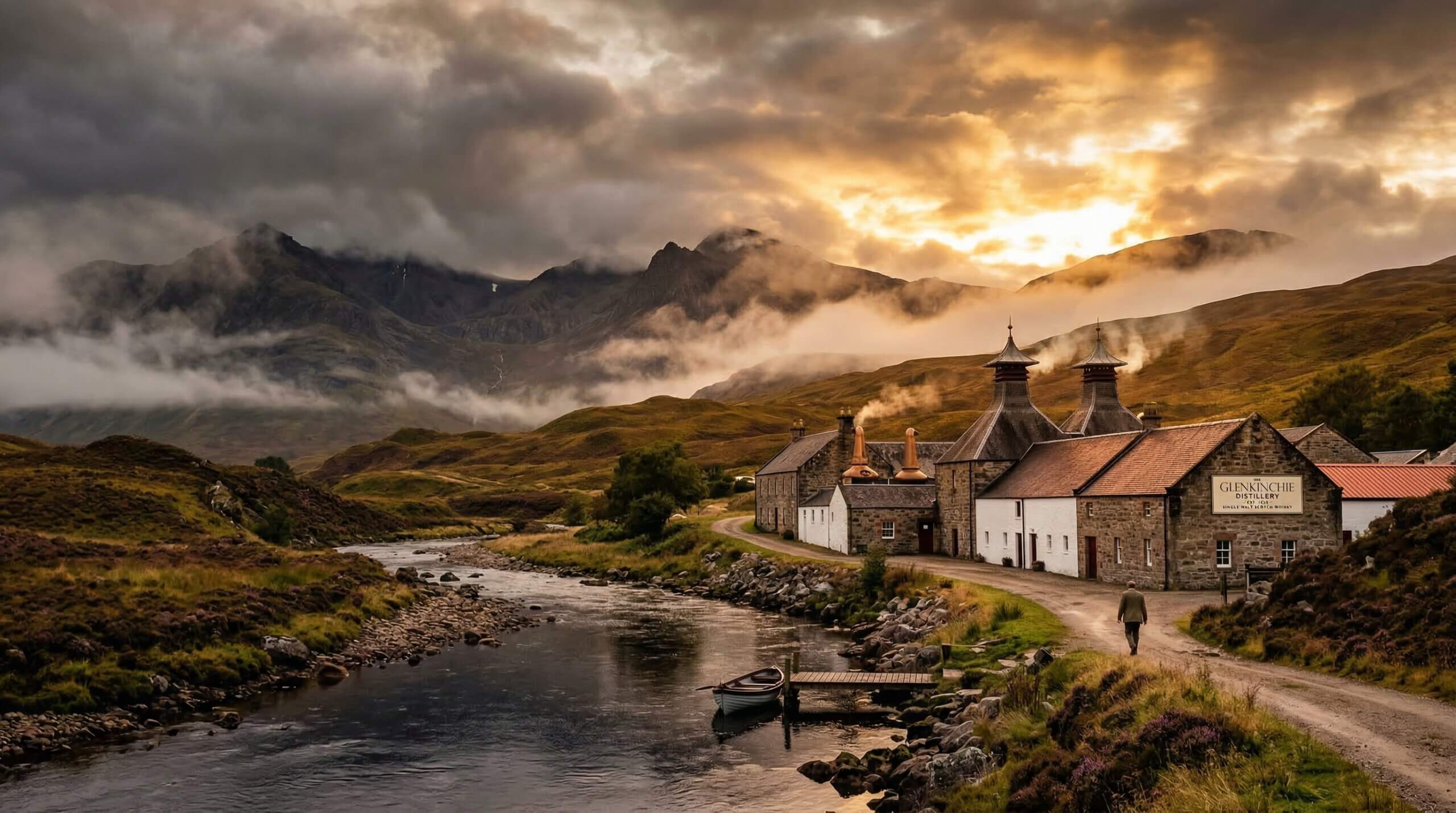 Highland whisky distilleerderij Schotland mistige bergen rivier