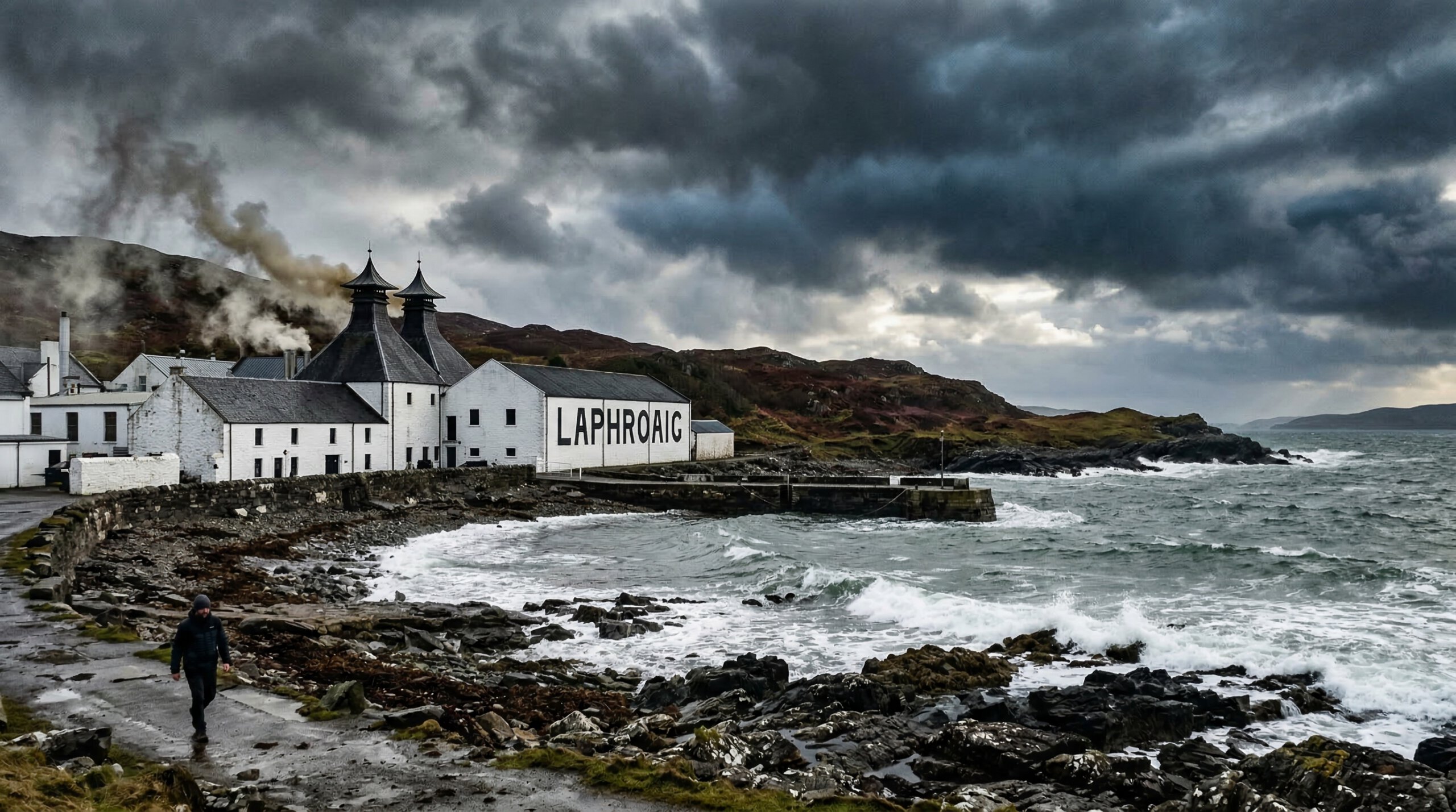 Laphroaig distilleerderij aan de Islay-kust in Schotland, dramatische lucht met veenrook