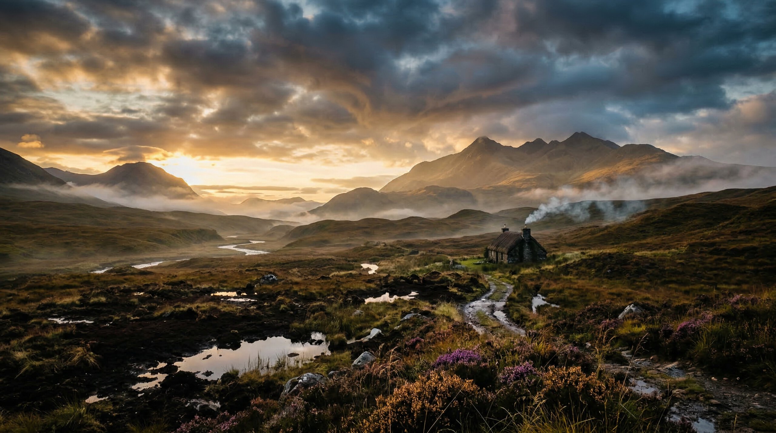 Schots veenlandschap met rook, typisch voor de productie van peated whisky