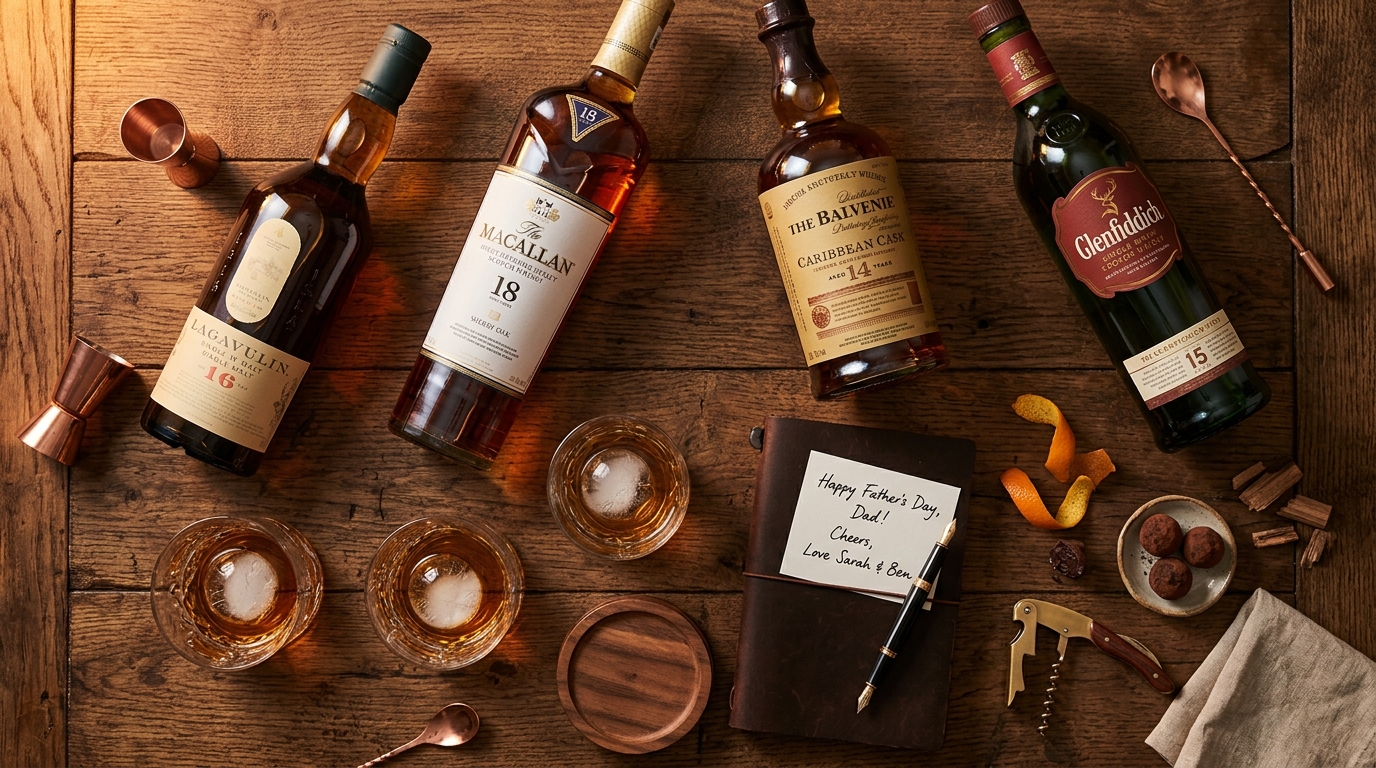 Vaderdag whisky cadeau tips 2026 overzicht flesjes en glazen op houten tafel