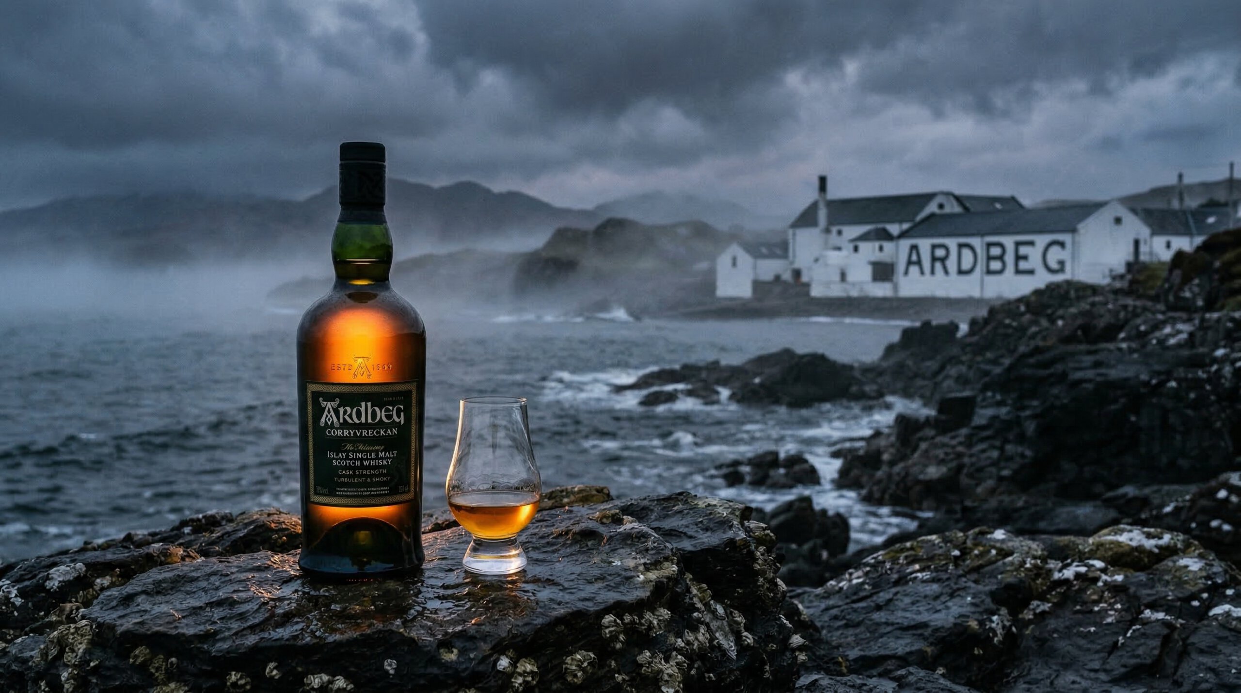 Ardbeg 10 Cask Strength 2026 dramatisch Islay kustlandschap met whiskyflessen en amber gloed