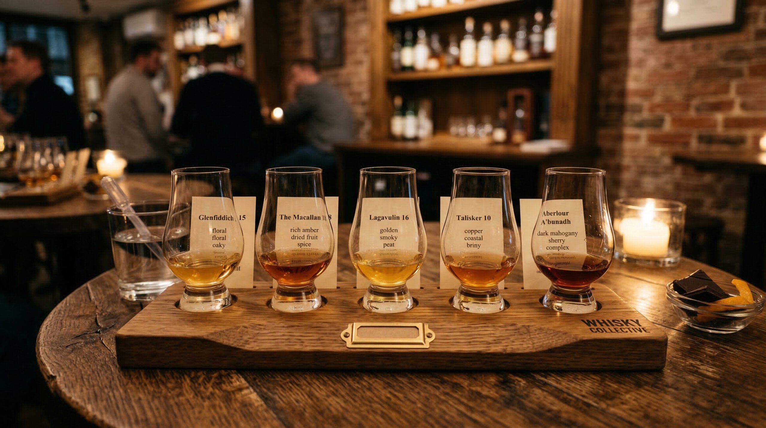 whisky proeverij selectie glazen op houten tafel sfeervolle verlichting