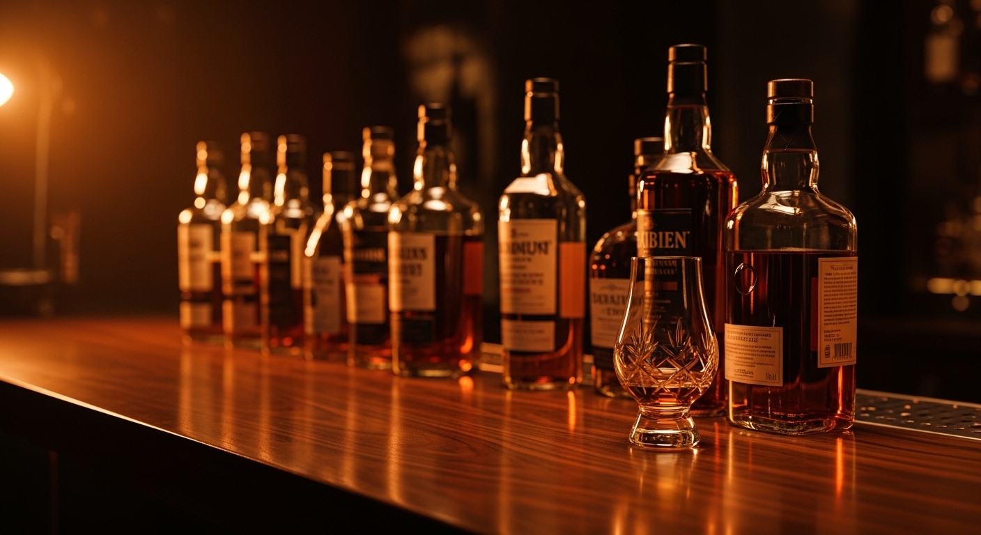 De beste dure whisky's, premium flessen op een rij met sfeervolle achtergrond
