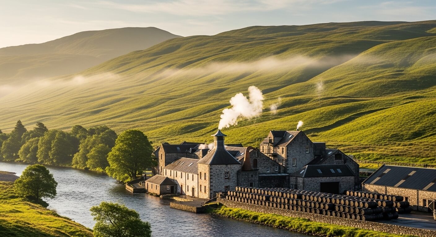 Speyside whisky flessen met glooiend Schots dal en rivier op de achtergrond