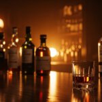 Whisky flessen op een houten bar met warm licht sfeerbeeld