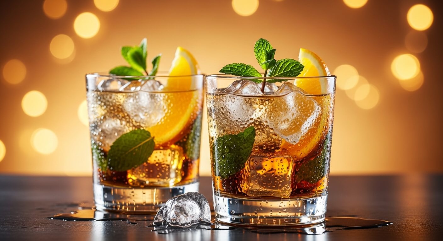 Verfrissende whisky cocktails voor de zomer met flessen whisky en zomerse achtergrond