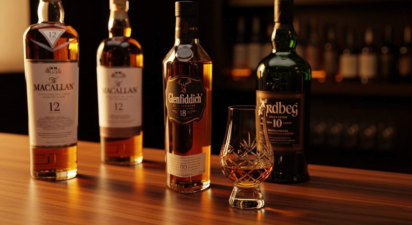 Beste whisky bij Gall en Gall, selectie van tien whiskyflessen op een houten bar met warme sfeerverlichting