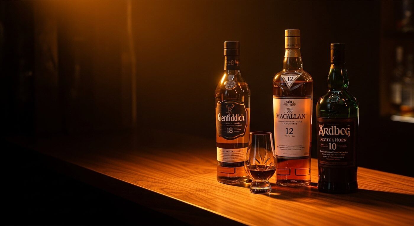 Beste whisky onder 75 euro, diverse whiskyflessen op een houten tafel met warme sfeerverlichting