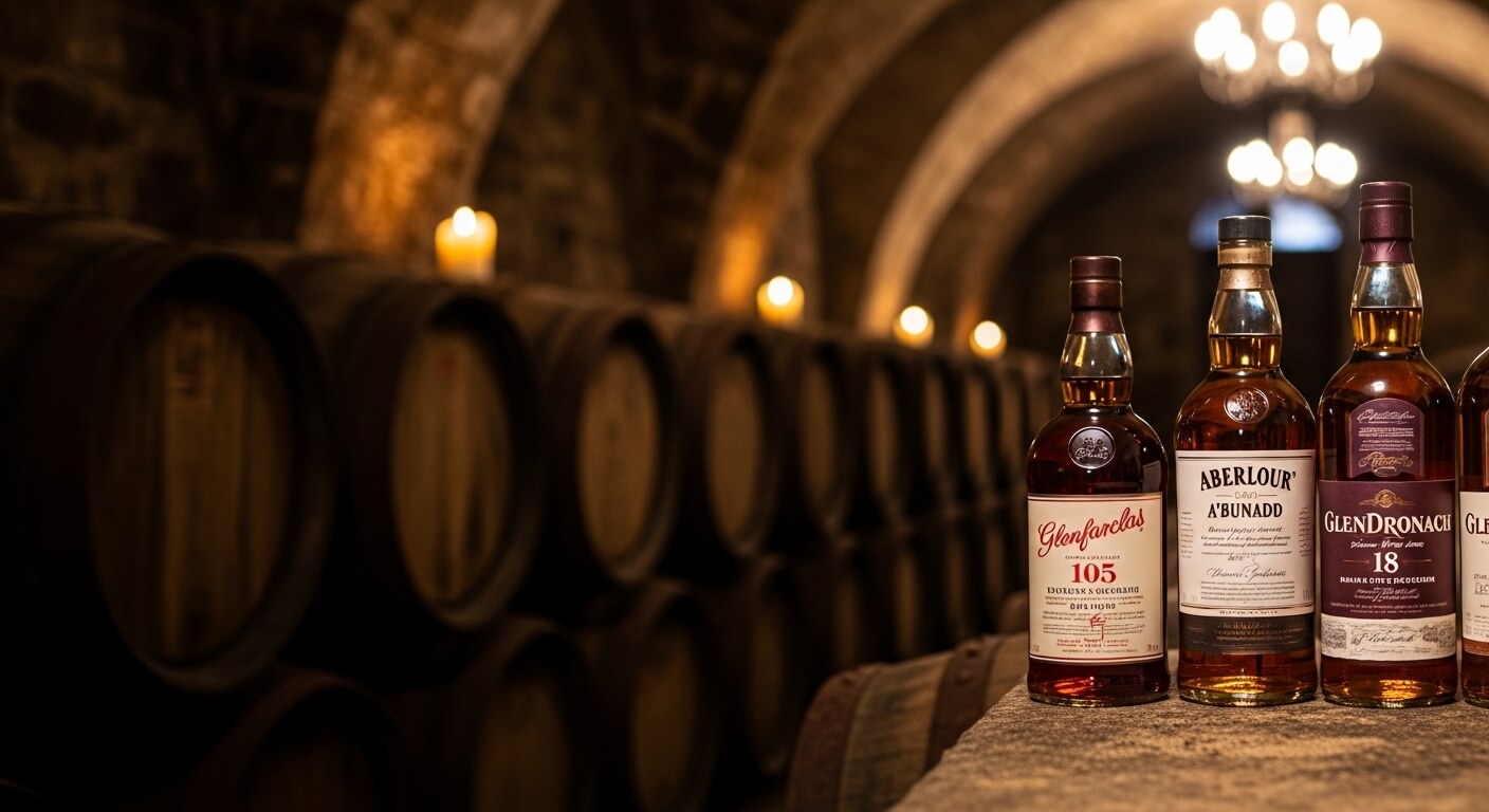 Bourbon whiskey flessen op een rij met op de achtergrond een warme distilleerderijkelder met eikenhouten vaten