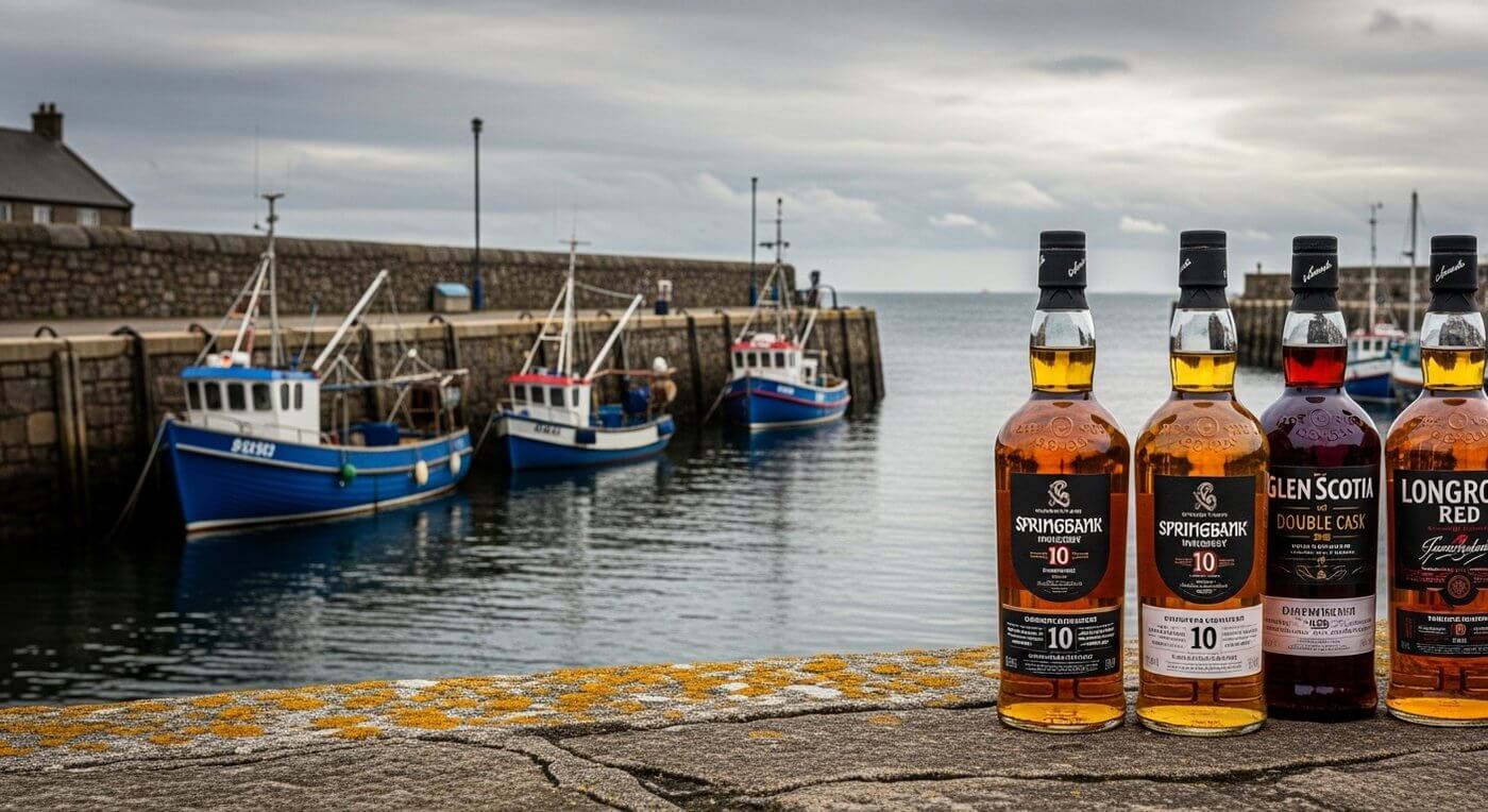 Campbeltown whisky flessen op de voorgrond met de haven van Campbeltown en het schiereiland Kintyre op de achtergrond