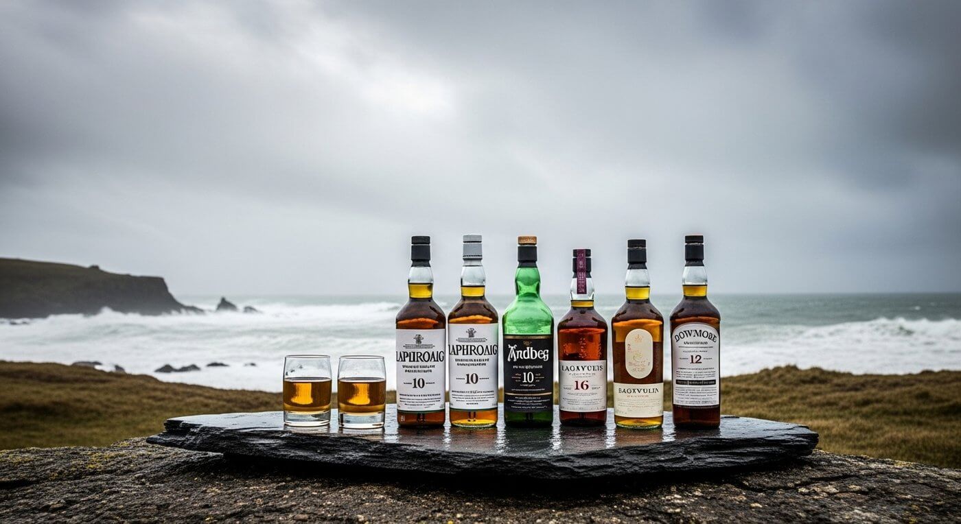 Caol Ila whisky flessen met de rotsige kustlijn van Islay op de achtergrond