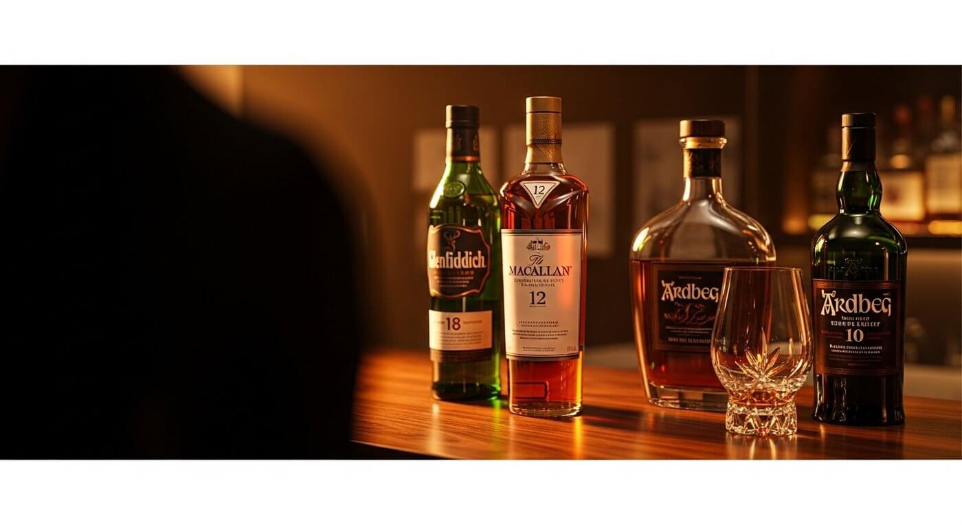 Chivas Regal whisky flessen op een rij met Schotse Speyside achtergrond