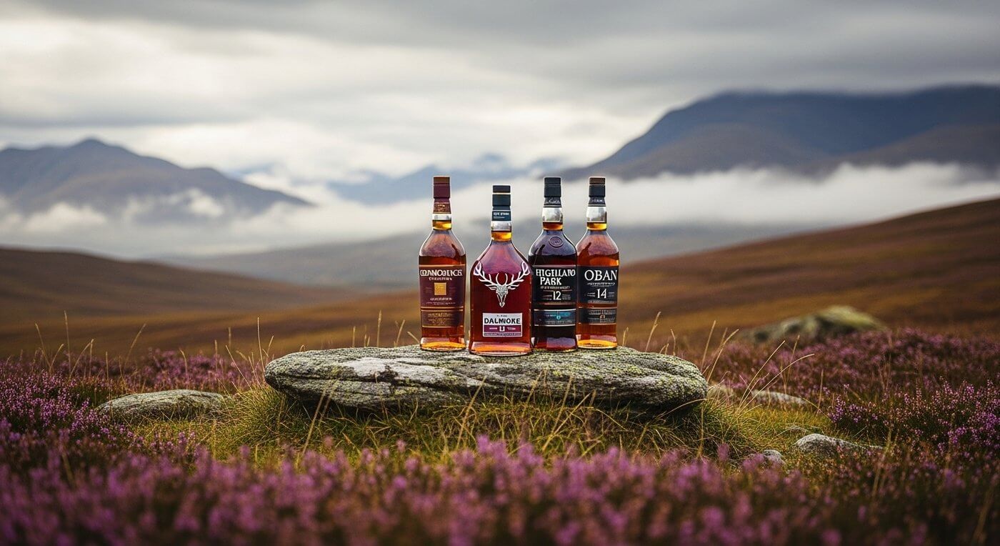 Dalmore whisky flessen op de voorgrond met mistige Schotse Highlands en de Cromarty Firth op de achtergrond