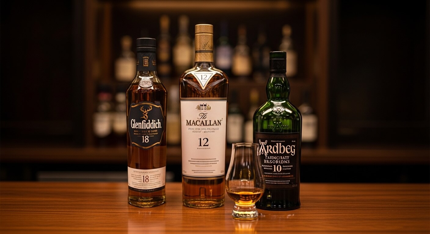 De beste whisky-merken van 2026, flessen op een rij met sfeervolle achtergrond