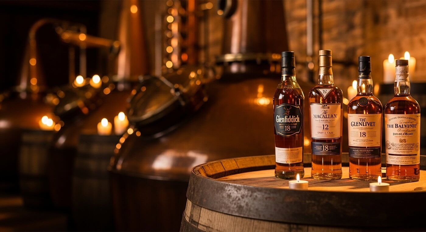 Glenfiddich vs Glenlivet vergelijking, Speyside whisky flessen met Schots groen dal op achtergrond