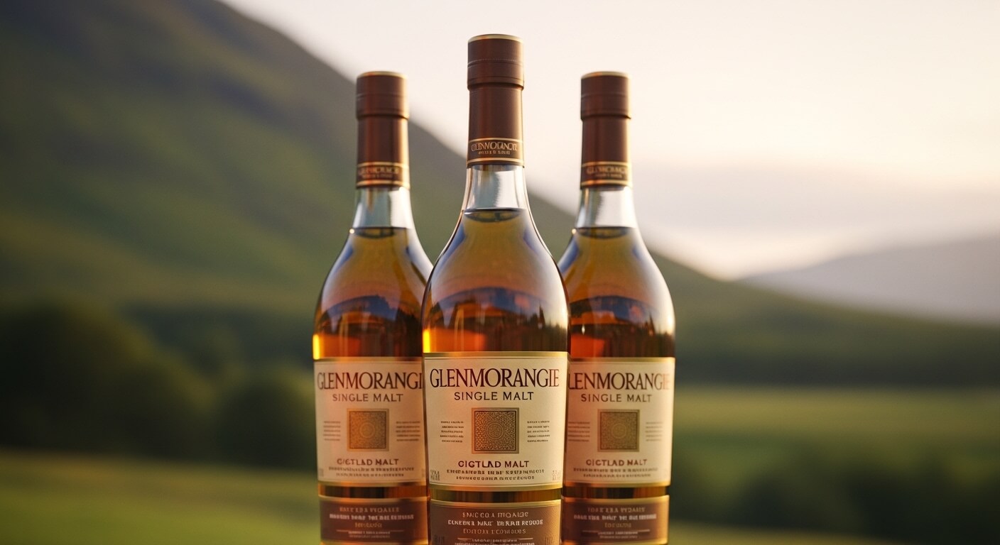 Glenmorangie whisky flessen met Schotse Highland achtergrond