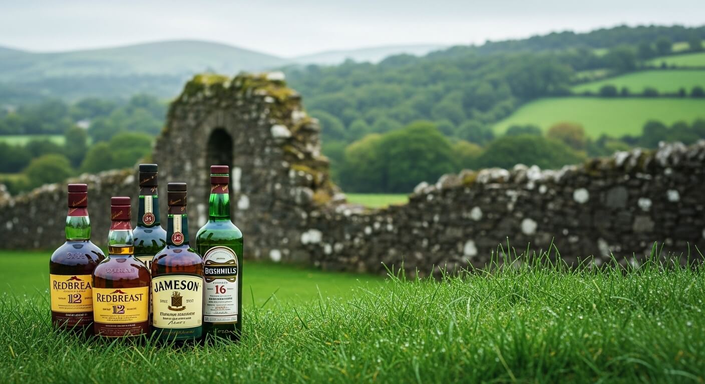 Irish whiskey vs Scotch whisky vergelijking met flessen op de voorgrond en Iers en Schots landschap