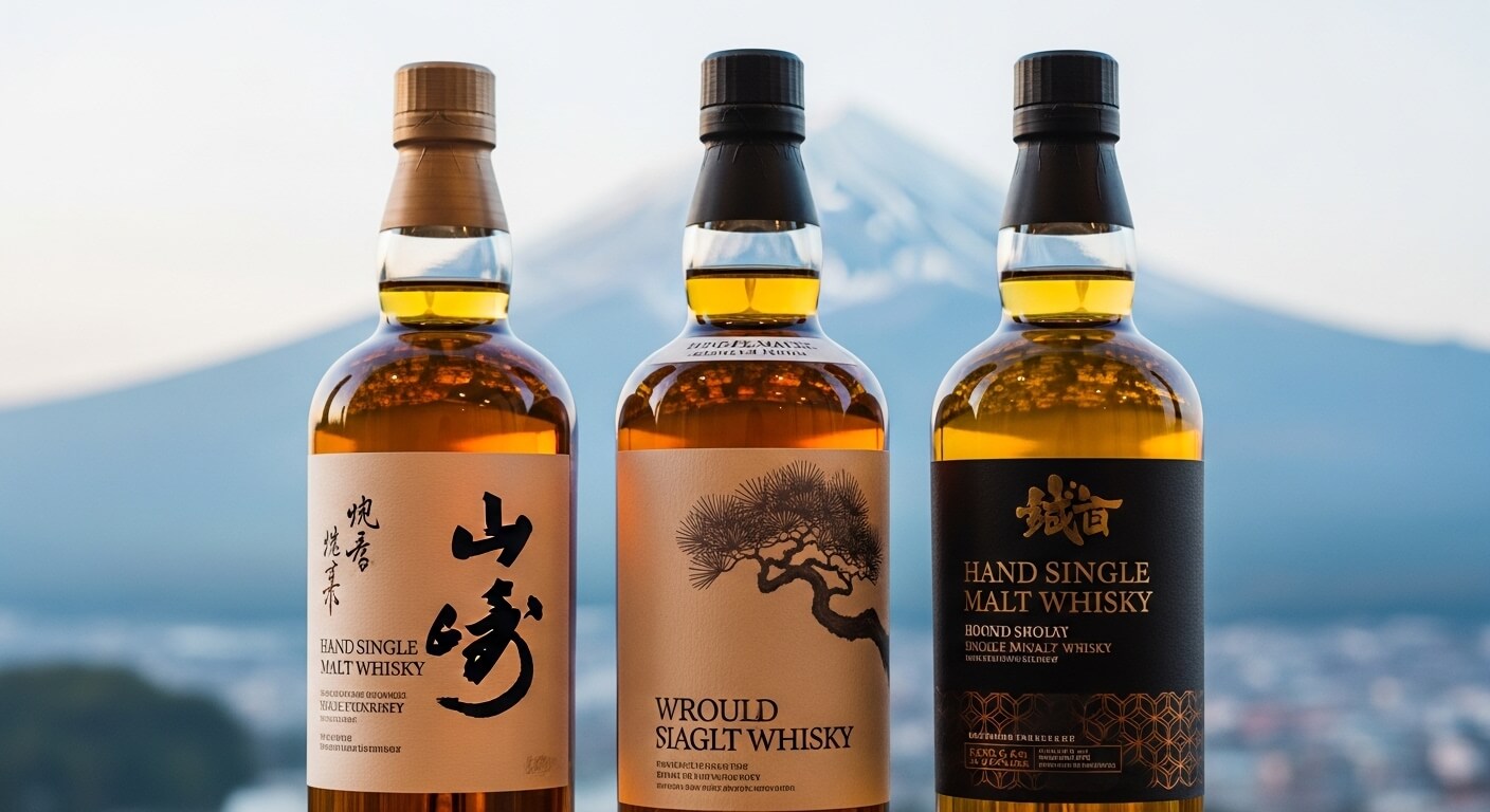 Nieuwe Japanse whisky releases april 2026, flessen met Mount Fuji op achtergrond