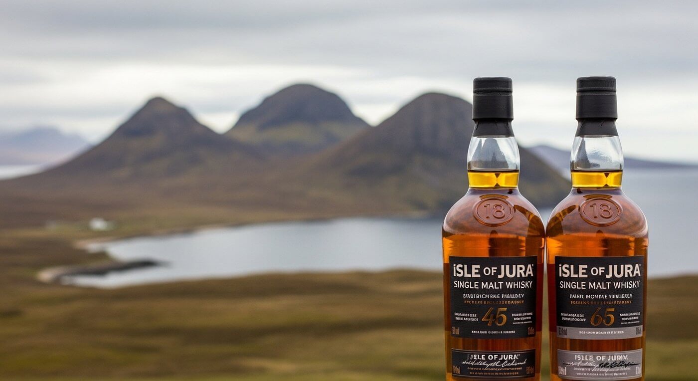 Jura Fèis Ìle 2026 single cask whisky's met Schots eilandlandschap op de achtergrond
