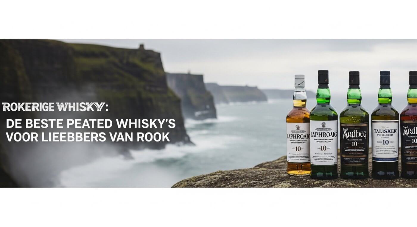 Rokerige whisky flessen op een rotsige Islay kustlijn bij schemering