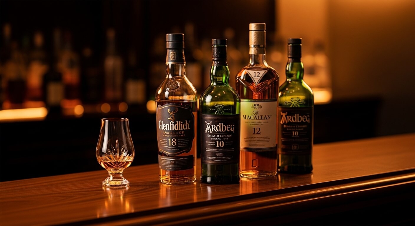 Talisker whisky flessen met de ruige kustlijn van het eiland Skye op de achtergrond