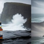 Talisker whisky flessen op een donkere slate steen bij de rotsige kustlijn van Skye