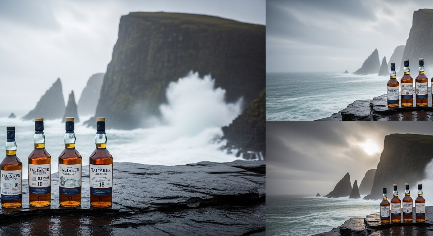 Talisker whisky flessen met de ruige kustlijn van het eiland Skye op de achtergrond