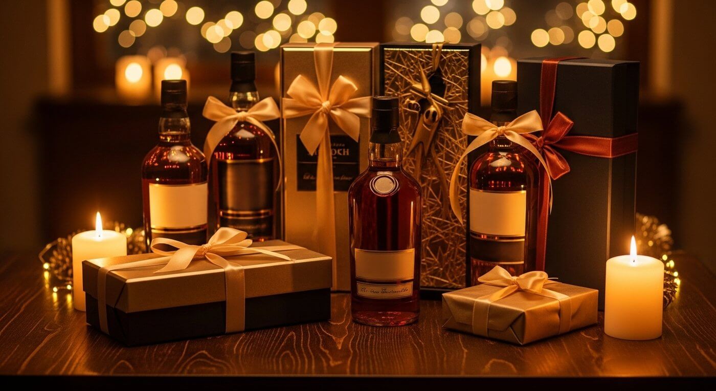 Whisky als cadeau, selectie whiskyflessen met feestelijke sfeer en warme achtergrond