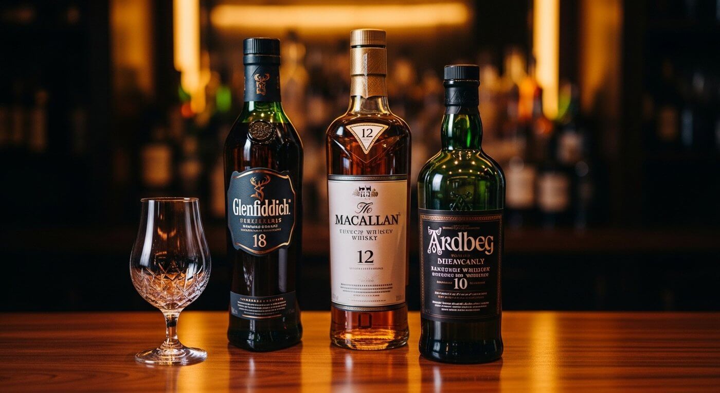 Whisky proeven als een expert, diverse whiskyflessen met Schots Highlands landschap op de achtergrond