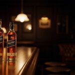Johnnie Walker whisky flessen opgesteld van Red Label tot Blue Label met Schotse glooiende heuvels op de achtergrond