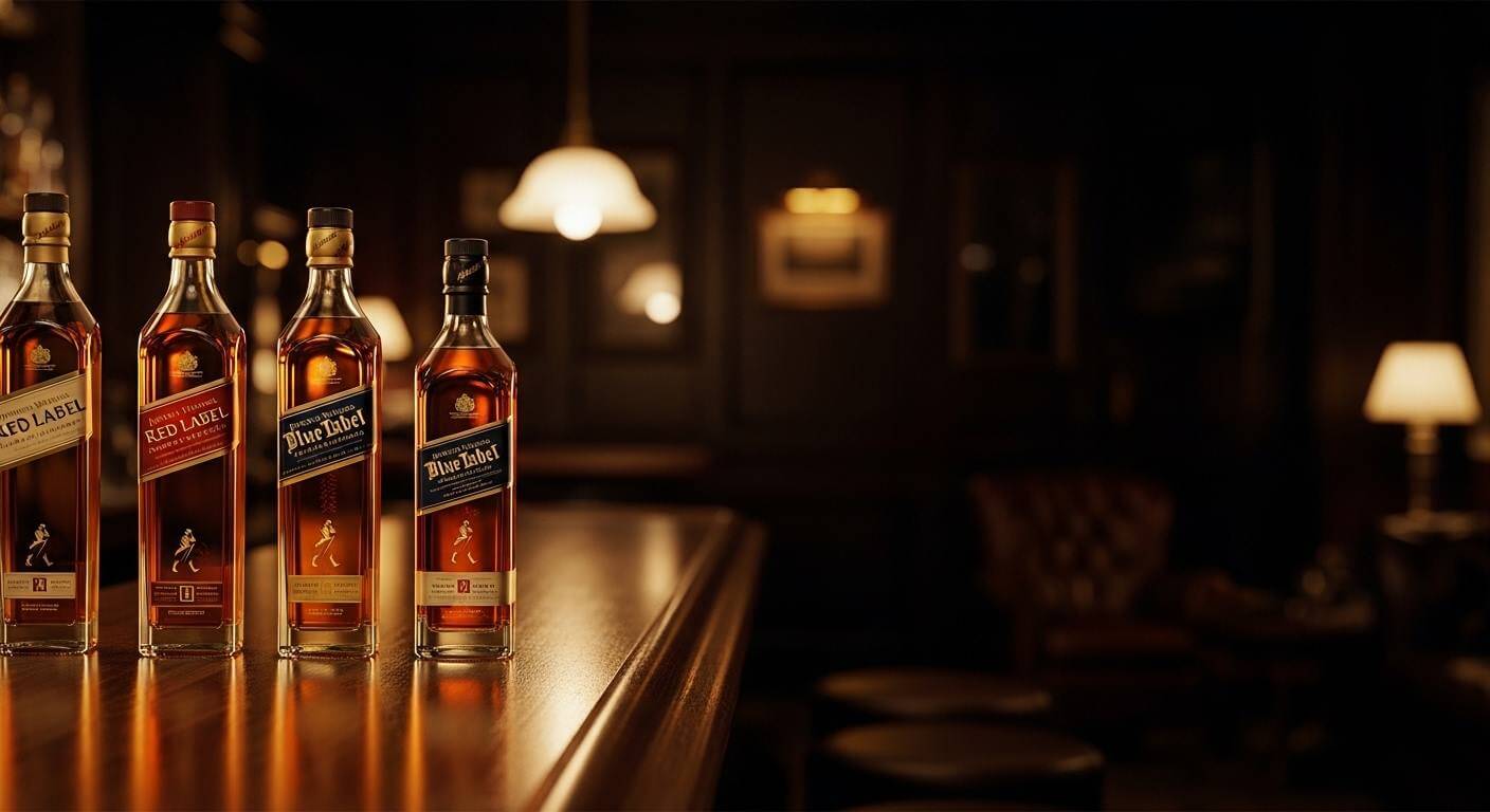 Johnnie Walker whisky flessen opgesteld van Red Label tot Blue Label met Schotse glooiende heuvels op de achtergrond