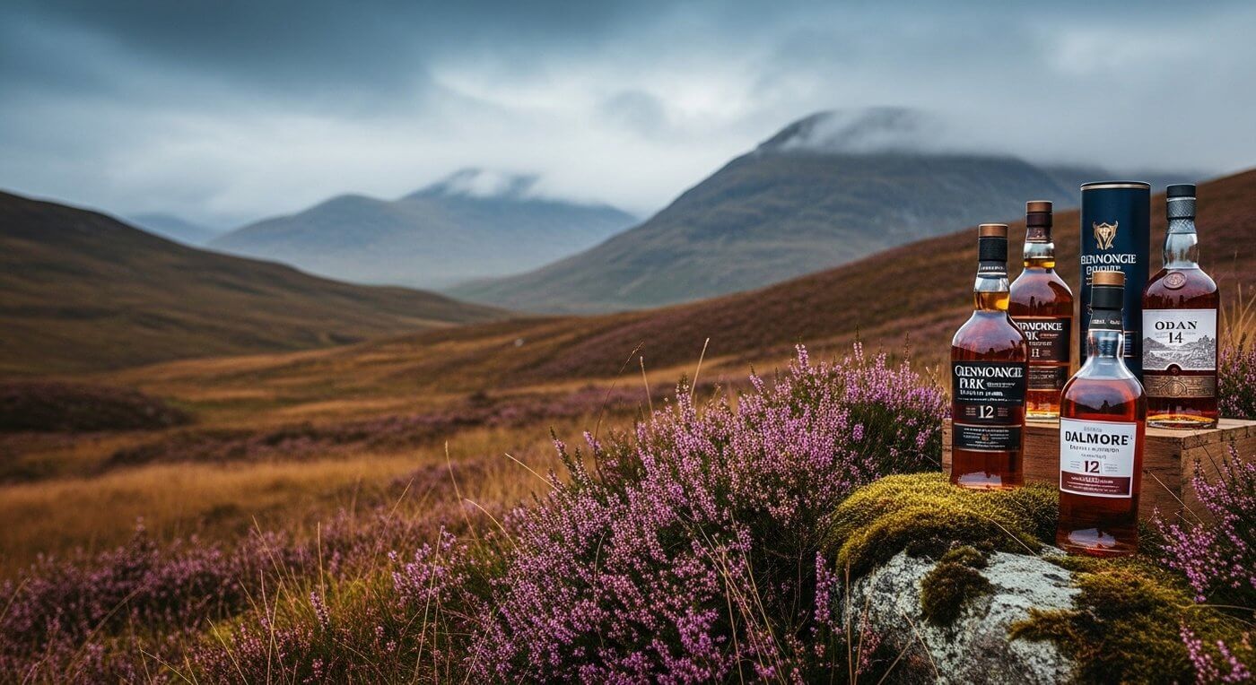 Aberfeldy whisky flessen op de voorgrond met mistig Schots Highland landschap op de achtergrond