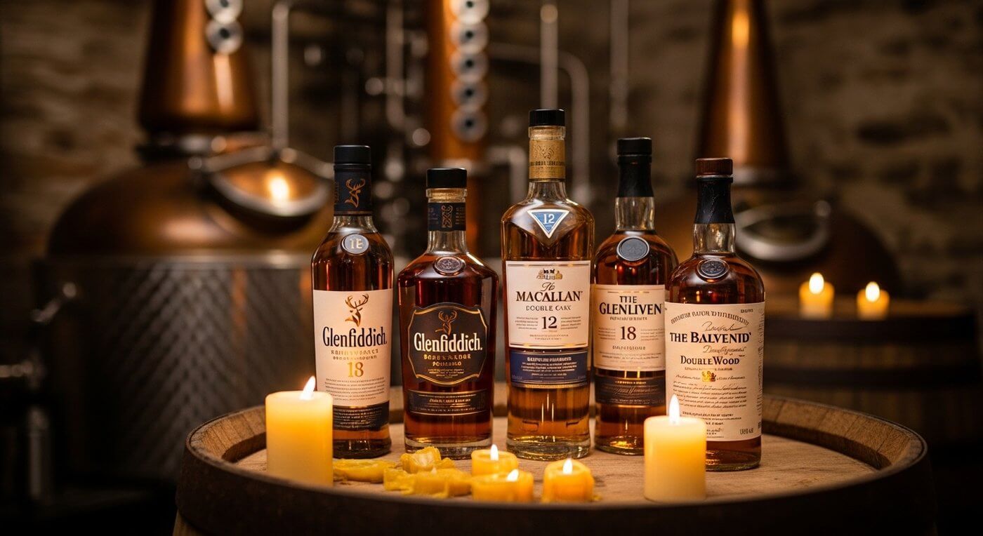 Aberlour whisky flessen met Speyside landschap op de achtergrond