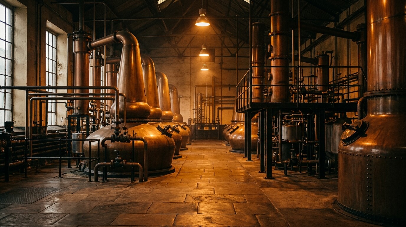 Slane Distillery Irish whiskey flessen met groene Ierse heuvels op de achtergrond