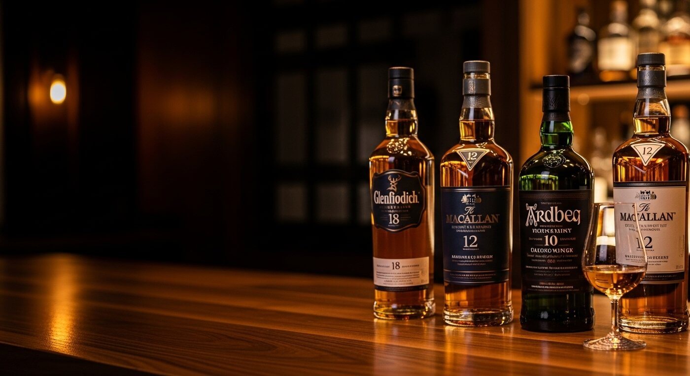 De 15 beste single malt whisky's van 2026, flessen opgesteld met sfeervolle achtergrond