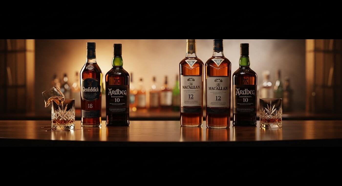 Dimple whisky flessen op de voorgrond met Schotse Speyside vallei op de achtergrond