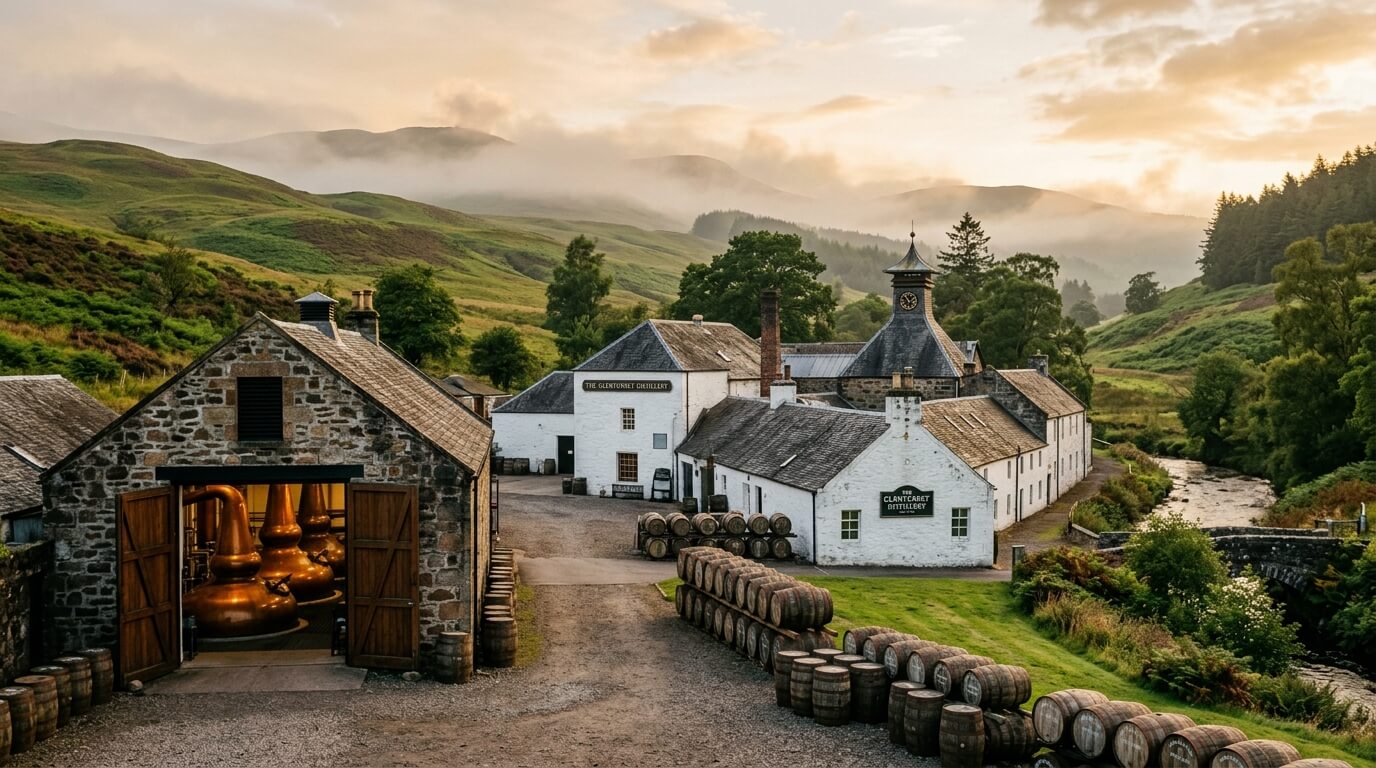 Schotlands oudste vergunde whisky-distilleerderij met flessen op de voorgrond en een mistige Highlands-vallei