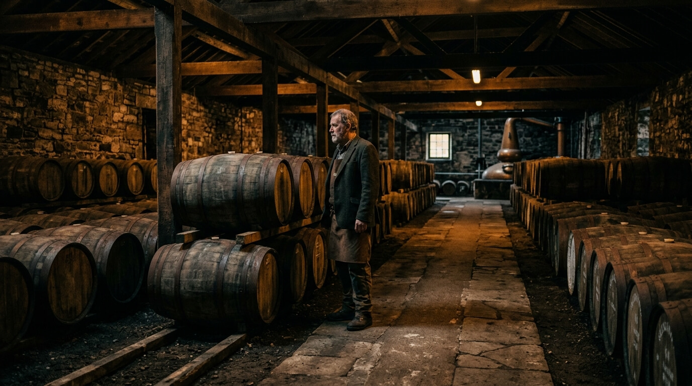 Ian Macleod Distillers whisky flessen met Schots Highland landschap op de achtergrond