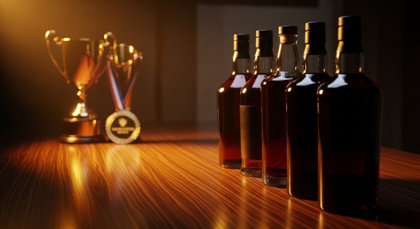 International Spirits Challenge beste whisky ter wereld 2025 met whiskyflessen op een stijlvolle achtergrond
