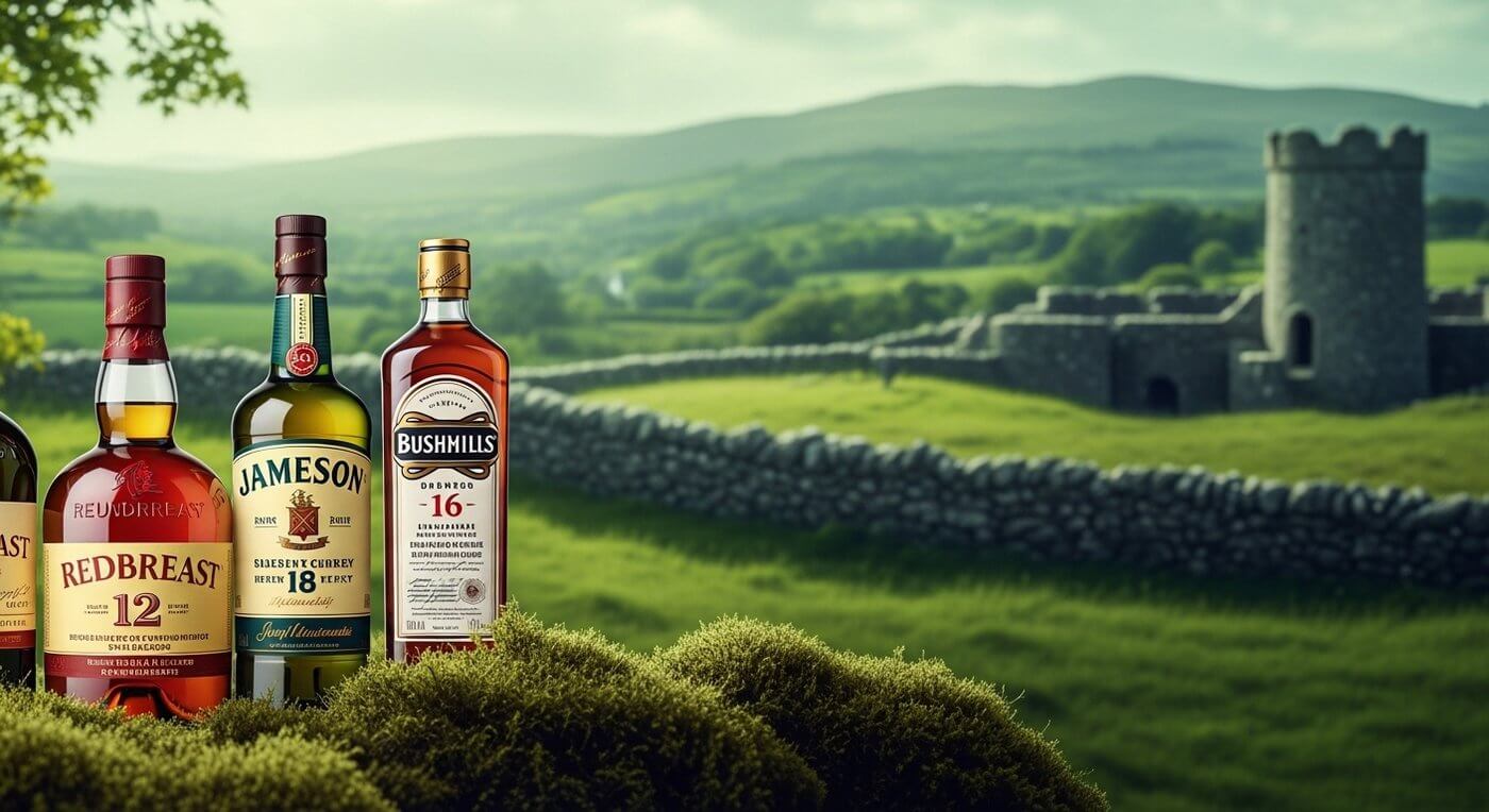 Midleton whiskey flessen op de voorgrond met groene Ierse heuvels en een historische klokkentoren op de achtergrond