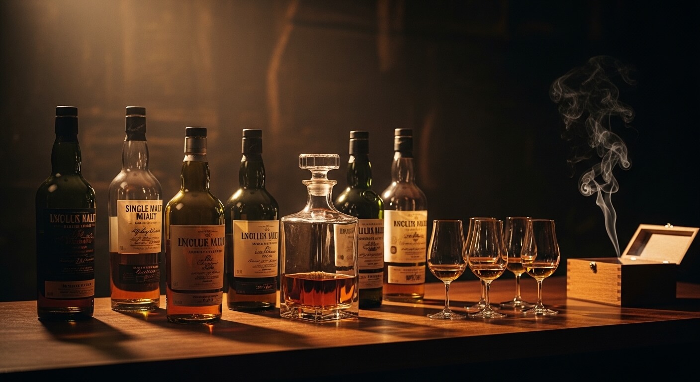 Tormore single malt flessen voor een glooiend Speyside-landschap