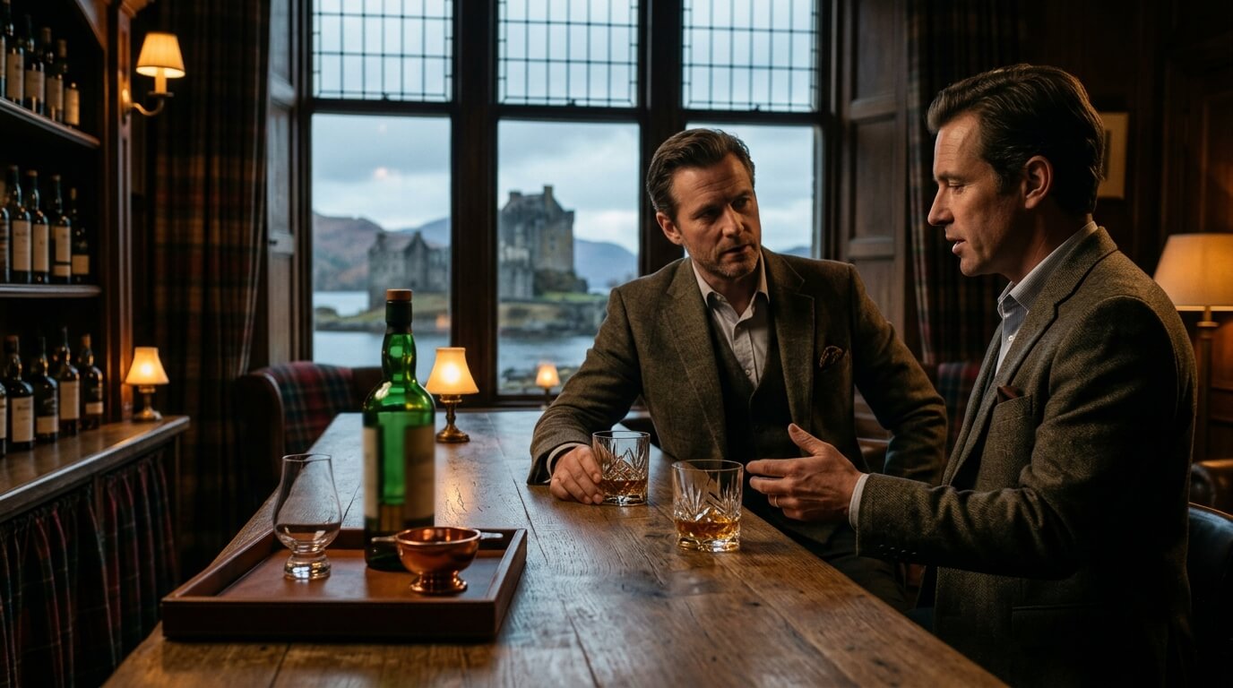 Schotse single malt whiskyflessen met op de achtergrond een mistige Highlands-vallei, naar aanleiding van het schrappen van de importheffingen op Schotse whisky