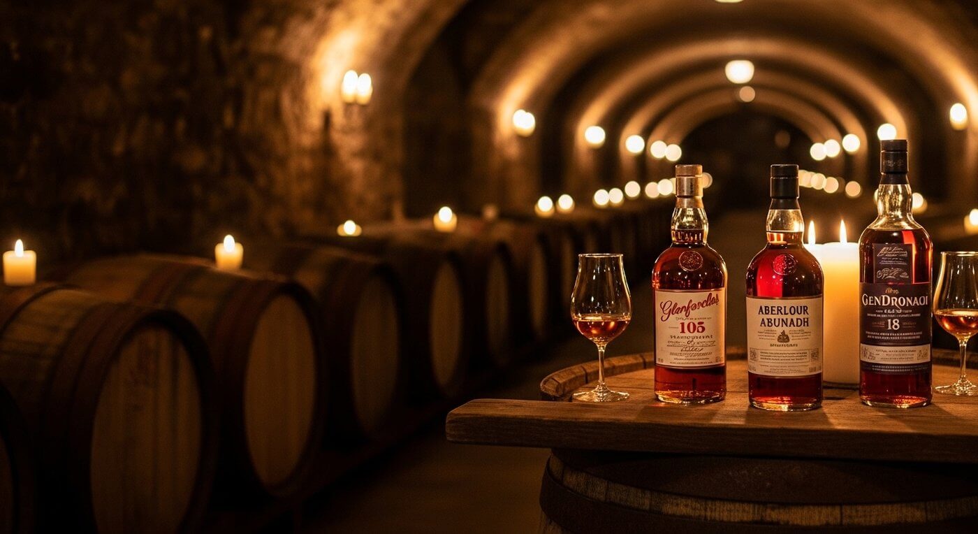 Bourbon whiskey flessen met Amerikaanse distilleerderij op de achtergrond