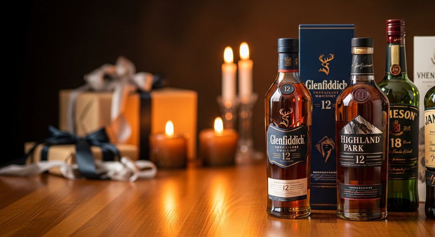 Whisky cadeau voor vrouwen, selectie whiskyflessen met warme sfeervolle achtergrond
