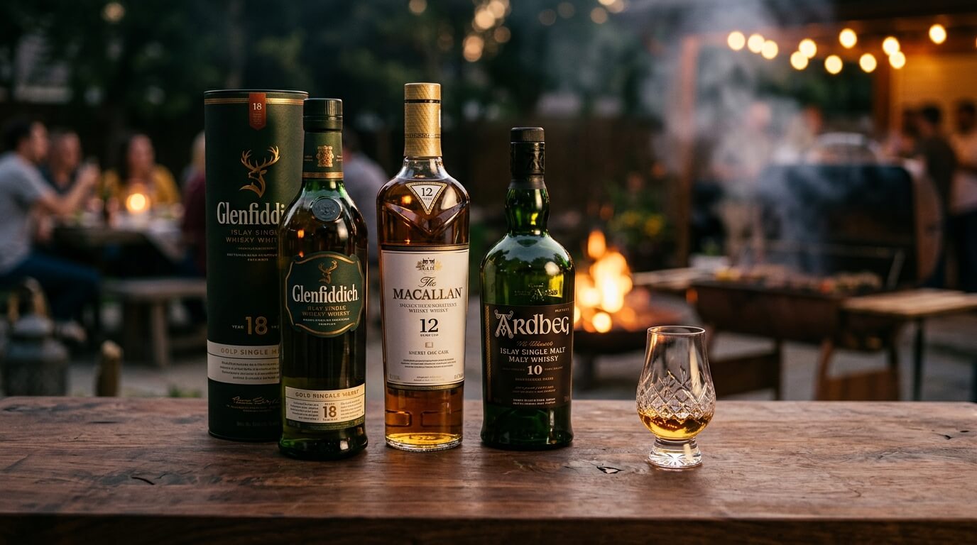 Whisky bij de BBQ met flessen op de voorgrond en een rokerige grill op de achtergrond