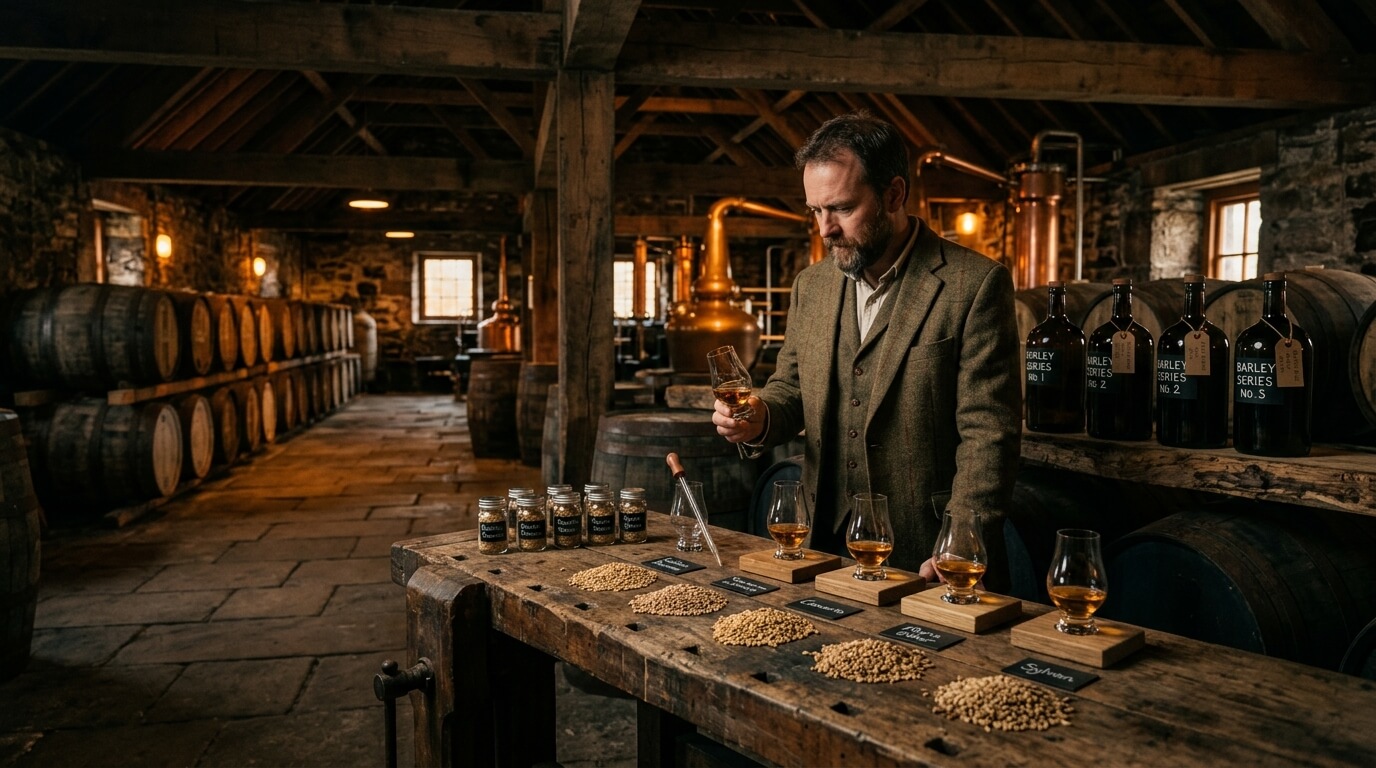 Aberargie Distillery whisky flessen met Schots landschap op de achtergrond